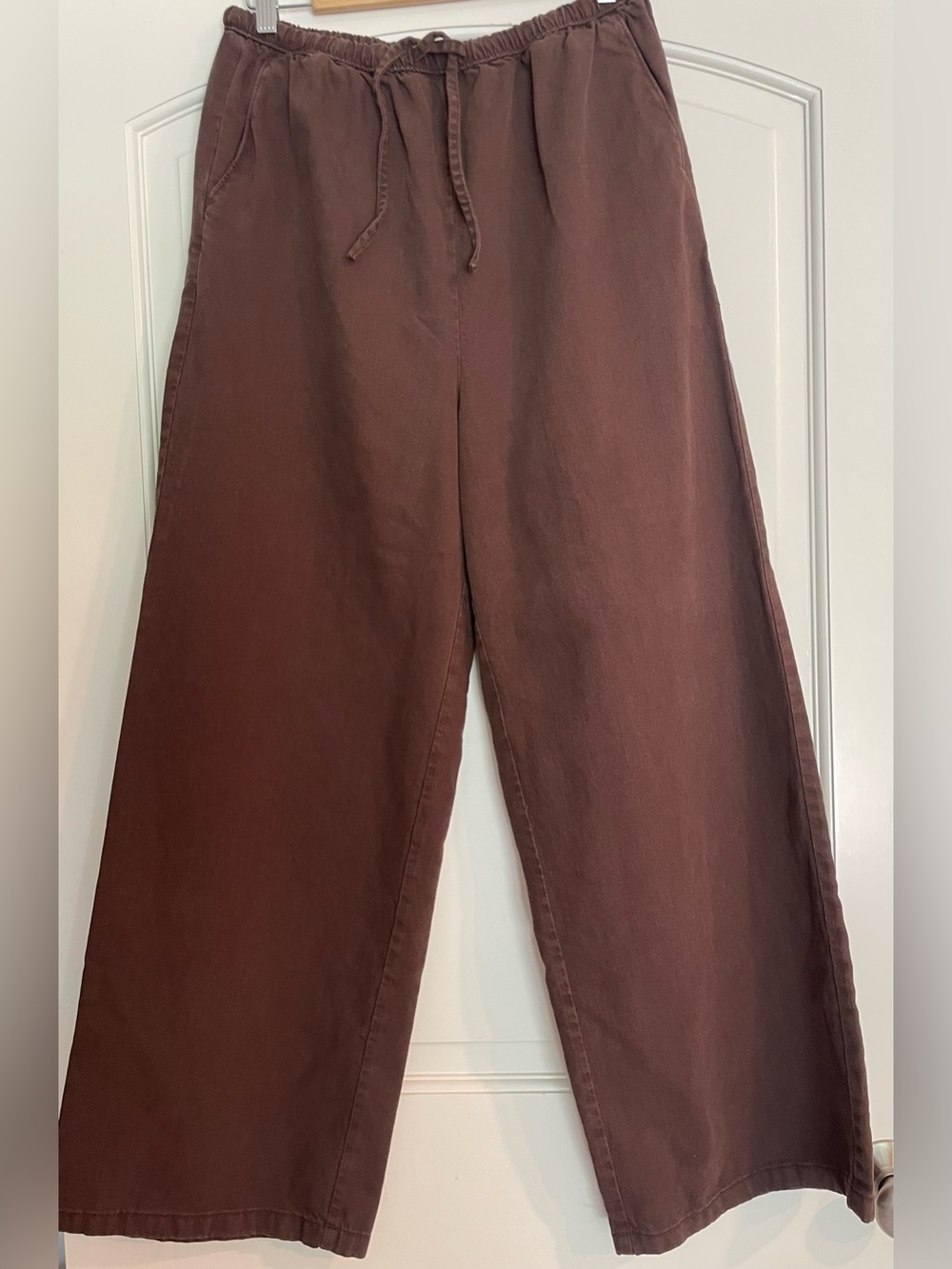 M&S Women's Brown Twill Drawstring Pants Elastic Waist Pockets Straight 8
